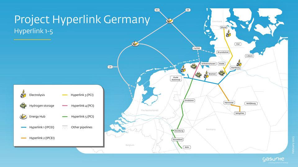 Das „Hyperlink“-Transportnetz soll Deutschland auch mit den Nachbarländern Niederlande und Dänemark verbinden, Grafik: Gasunie