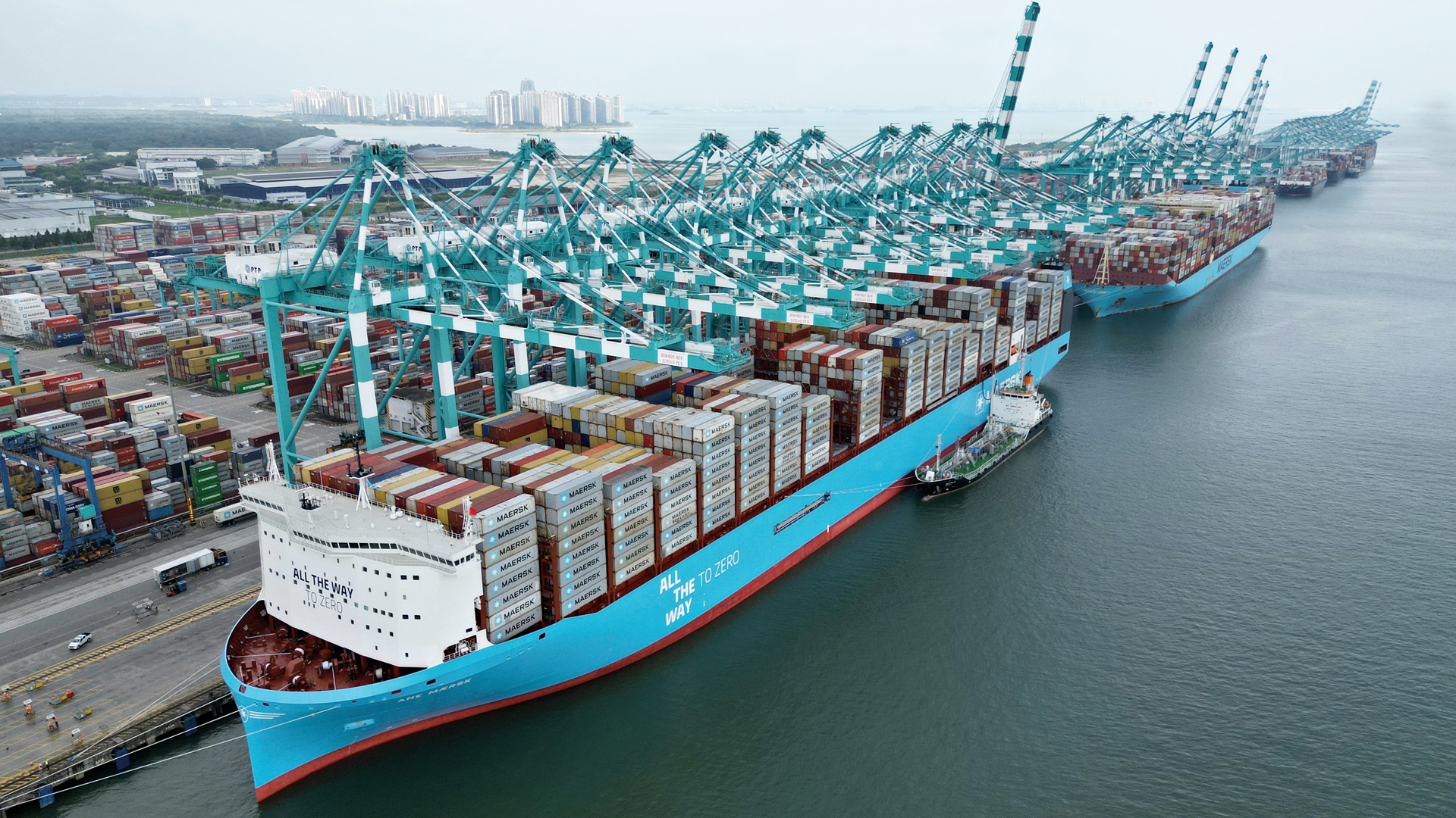 Schreibt Hafengeschichte: Die „Ane Maersk“ (hier in Tanjung Pelepas/Malaysia) macht auch in Hamburg fest , Foto: Msersk